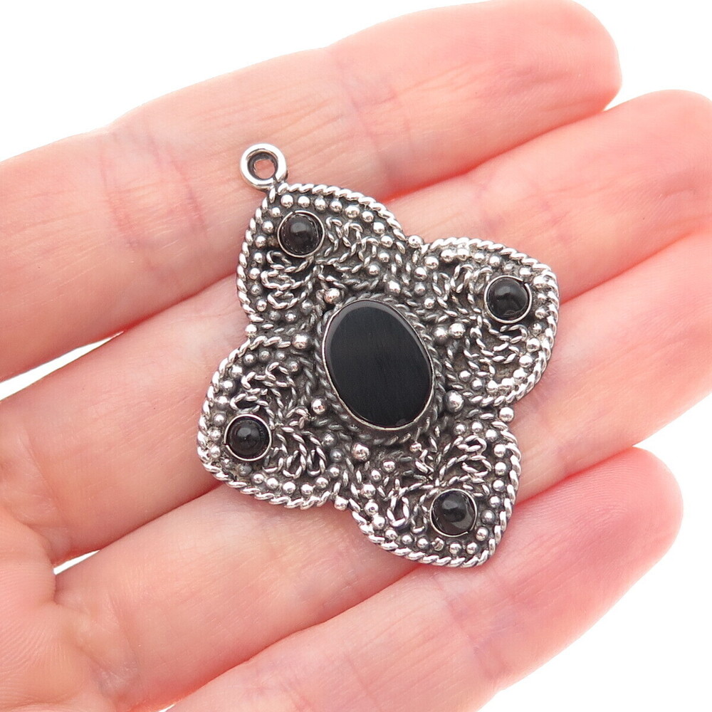 925 Sterling Silver Vintage Real Black Onyx Cross Oxidized Charm Pendant
